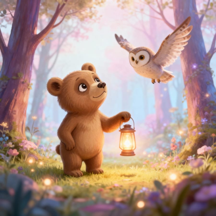 Authentic illustration of little bear holding the golden lantern in the enchanted forest
