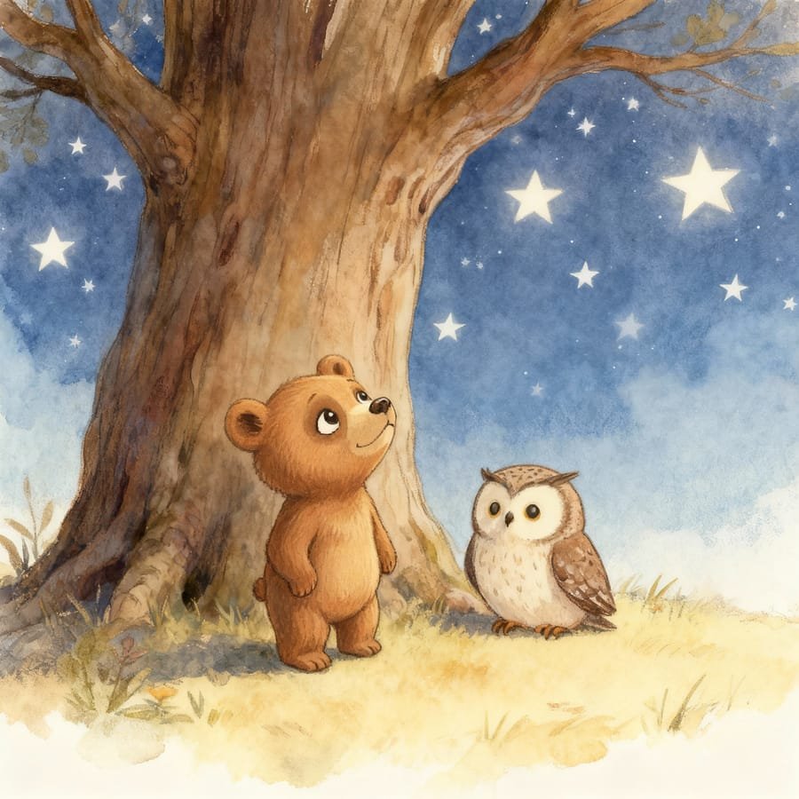 L’orsetto protagonista con il piccolo gufo nel bosco incantato sotto le stelle dorate