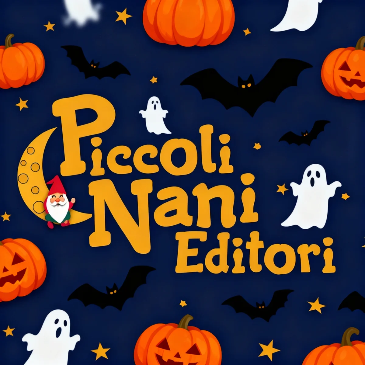 Logo decorativo di Piccoli Nani Editori per Halloween, con zucche, pipistrelli e fantasmini.