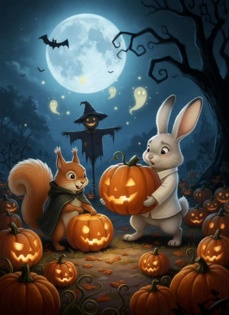 Lo scoiattolo con la mantella e il coniglietto scelgono una grande zucca luminosa nel campo.