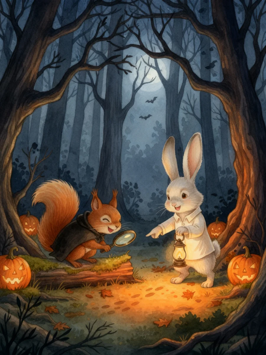 Piccoli detective nel bosco: il coniglio fa luce con la lanterna e lo scoiattolo esamina le orme con la lente.