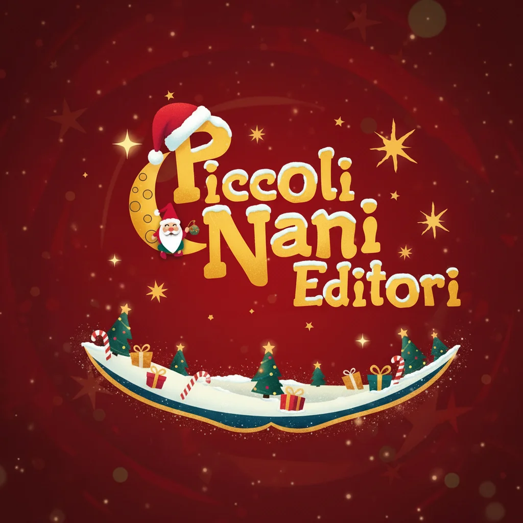 Logo natalizio di Piccoli Nani Editori con berretto di Babbo Natale, doni e abeti decorati.