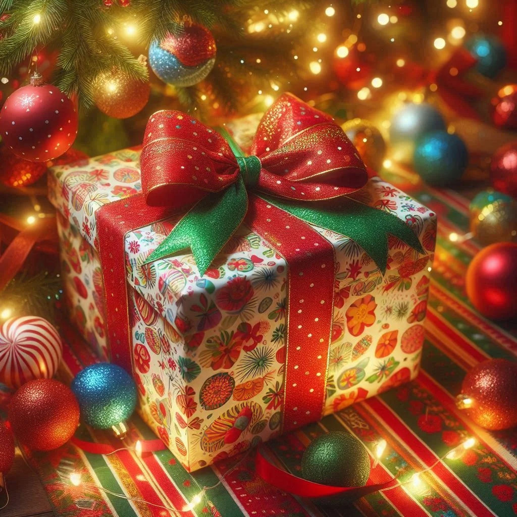 Un grande pacco regalo con fiocco rosso e verde tra luci scintillanti e palline dell’albero.