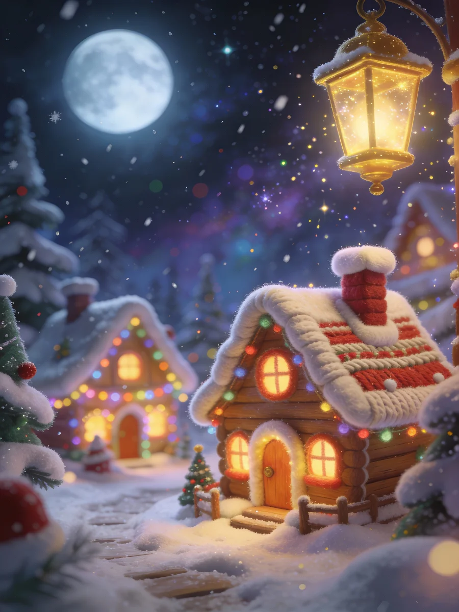 Casette di legno innevate e illuminate da ghirlande di luci sotto il cielo stellato e la luna.