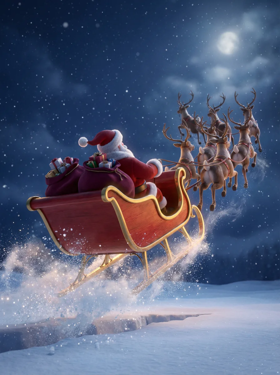 Babbo Natale sulla slitta rossa e dorata trainata dalle renne in volo nella notte di luna piena.