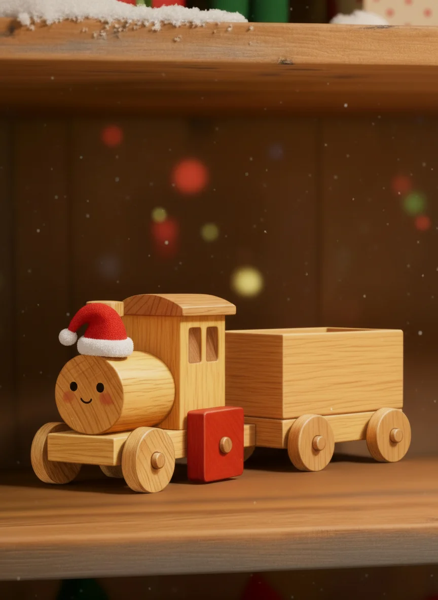 Il trenino di legno con il cappellino di Babbo Natale aspetta sulla mensola la mattina di festa.