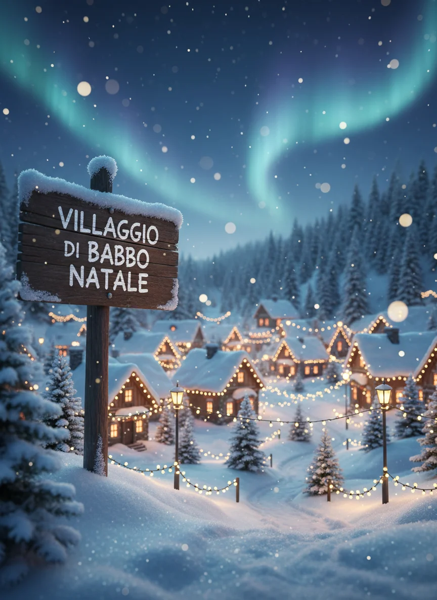 Il Villaggio di Babbo Natale illuminato nella neve sotto l’aurora boreale, con il cartello in primo piano.