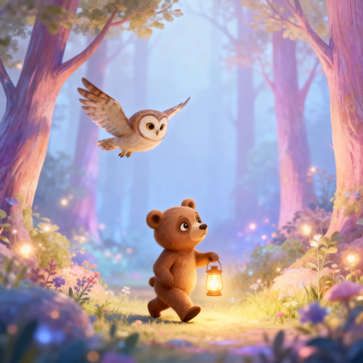 Bear cub holding a glowing lantern and owl flying through magical pastel forest