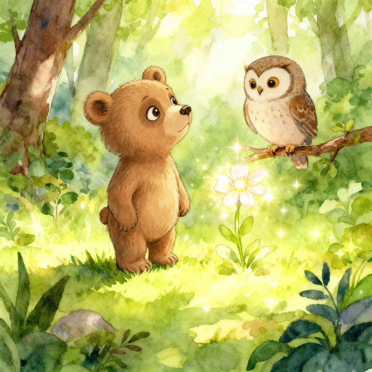 L’orsetto e il gufo ammirano insieme un fiore luminoso che brilla sull’erba del bosco.
