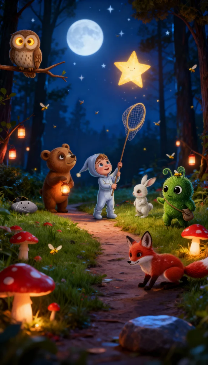Nella notte illuminata dalla luna, il bimbo cattura una stella sorridente insieme agli amici del bosco.
