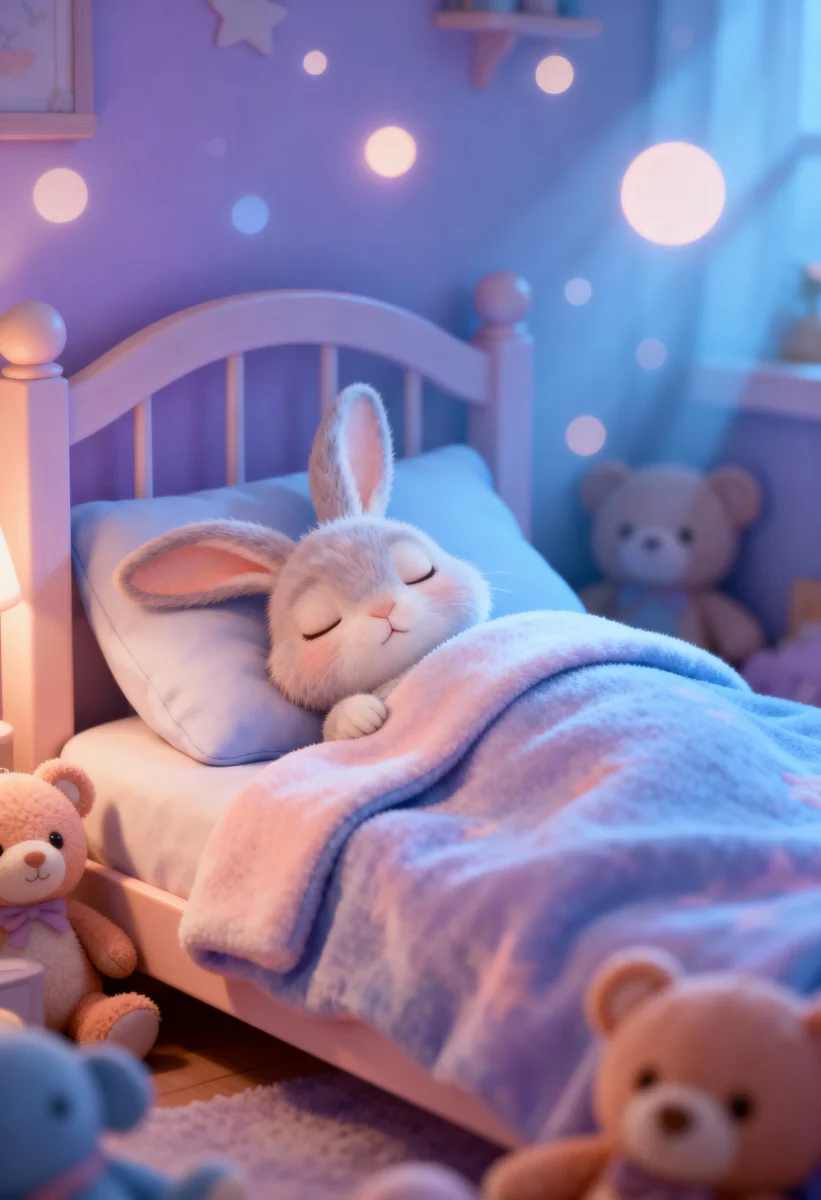 La coniglietta dorme serena nel suo lettino, rannicchiata sotto una morbida coperta stellata.