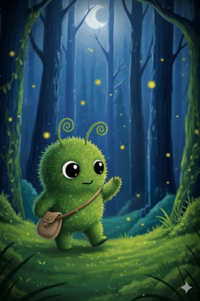 La simpatica creatura verde con la tracolla saluta mentre cammina nel bosco tra lucciole luminose.